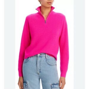 Aqua Sweater Womens Medium Hot Pink Cashmere Quarter Zip High Neck Long Sleeve